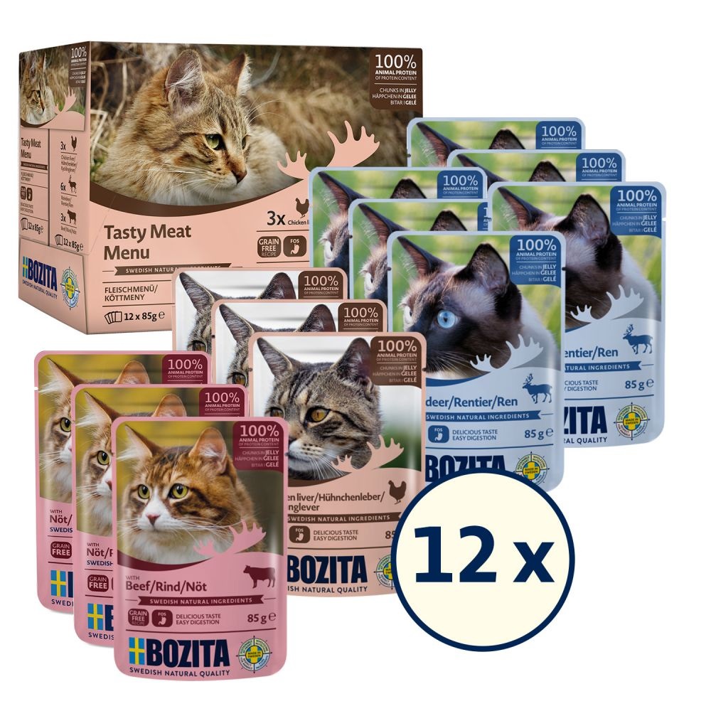 Bozita Cibo Umido per Gatti in Gelatina - Mix Menù (Fegato di Pollo, Renna, Manzo) - 12 Bustine da 85 g - Senza Cereali