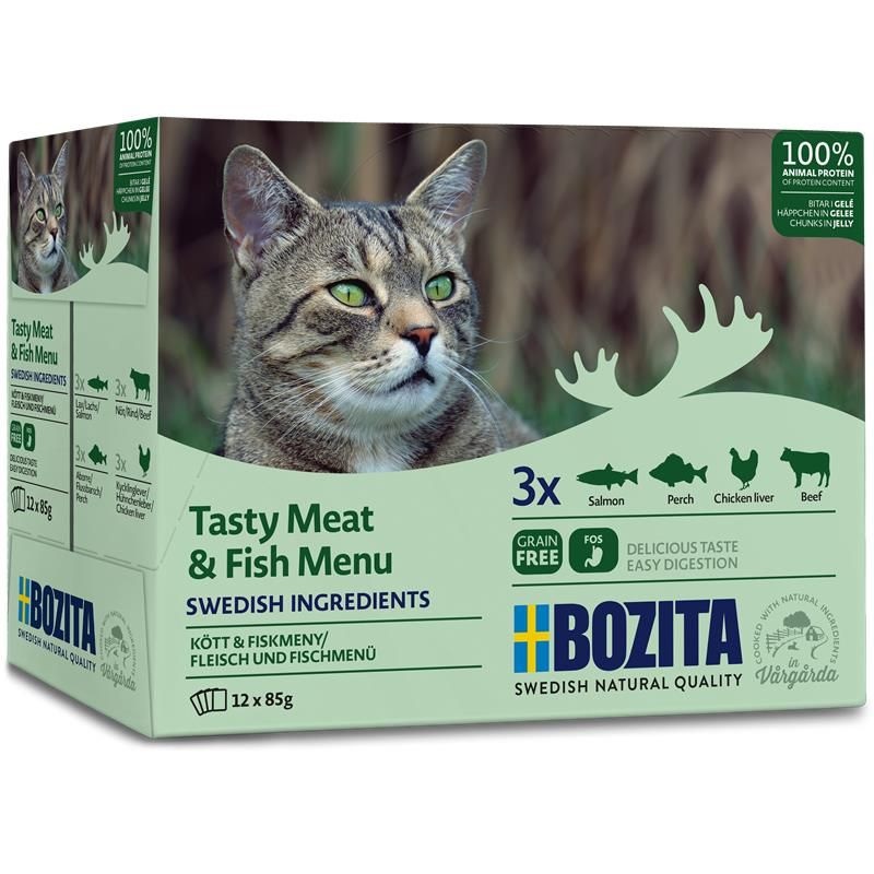 Bozita Cibo Umido per Gatti Carne & Pesce in Gelatina Multipack 12 x 85 g - 100% Ingredienti Svedesi, Senza Cereali, con Prebiotici