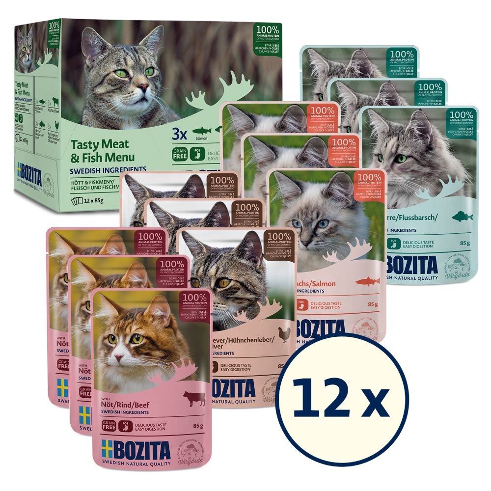 Bozita Cibo Umido per Gatti Carne & Pesce in Gelatina Multipack 12 x 85 g - 100% Ingredienti Svedesi, Senza Cereali, con Prebiotici