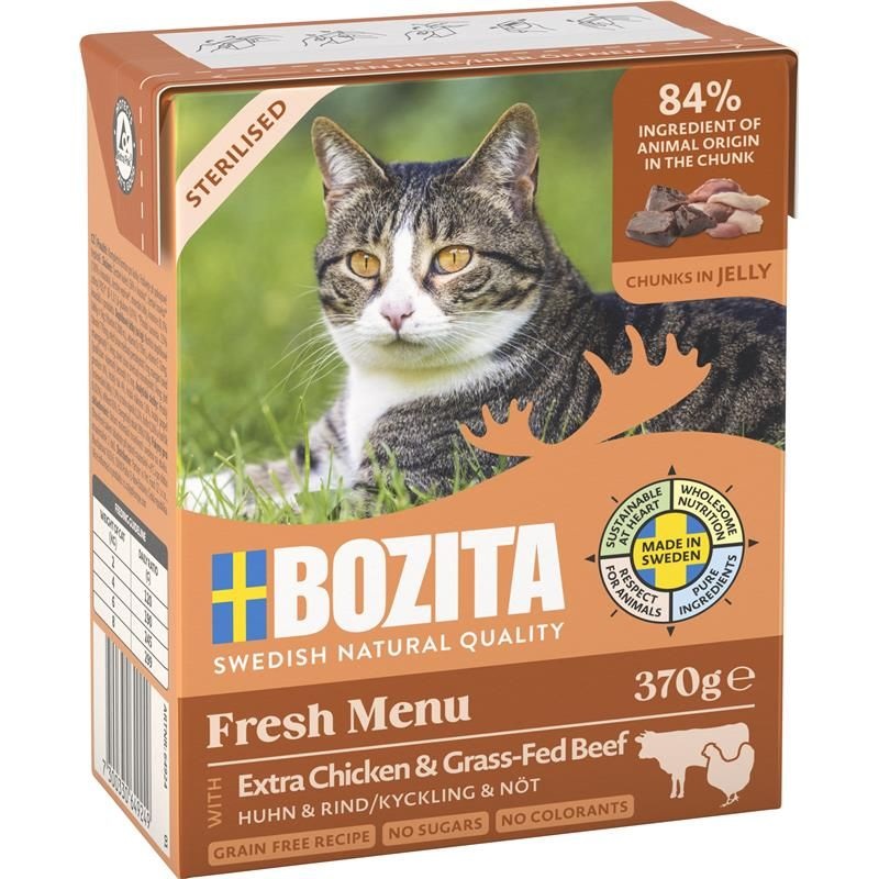 Bozita Tetra Bocconcini in Gelatina 6 x 370 g - Cibo Umido per Gatti Sterilizzati con Pollo e Manzo, Senza Cereali e Zucchero