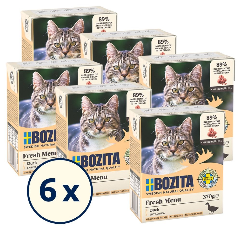 Bozita Tetra Bocconcini in Salsa per Gatti - Anatra, 6 x 370 g, Senza Cereali e Zucchero, 7,5% Proteine, 5% Grassi