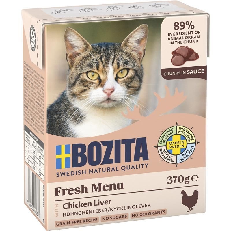 Bozita Cibo Umido per Gatti - Fegato di Pollo in Salsa, 370 g, Senza Cereali e Zucchero, Confezione da 6 o 24 Pezzi
