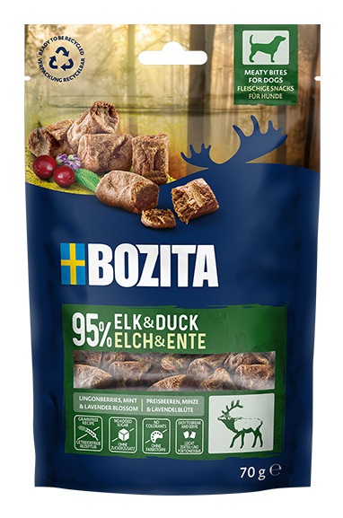 Bozita Meaty Bites Snack per Cani - 70 g con 95% Alce e Anatra, Senza Cereali, Porzionabile con una Mano