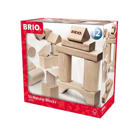 BRIO Blocchi da Costruzione in Legno Naturale - Set da 50 Pezzi con 7 Forme Diverse per Bambini a Partire da 12 Mesi