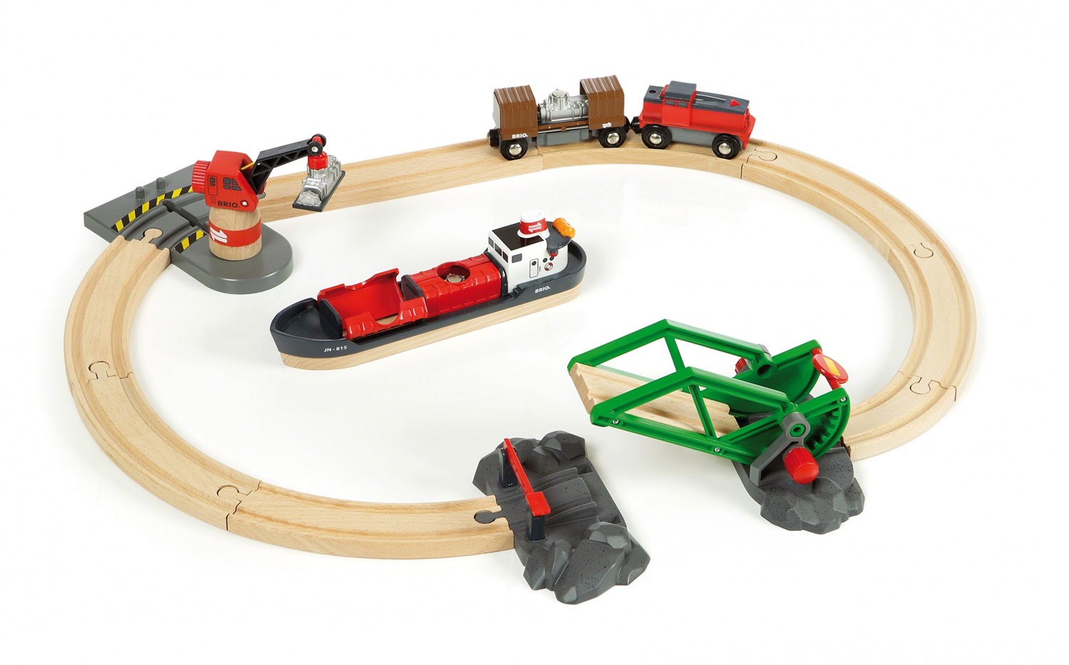 BRIO World - Set Servizio Ferroviario Portuale in Legno con Nave Container e Gru Multifunzionale, Giocattolo per Bambini 3 Anni