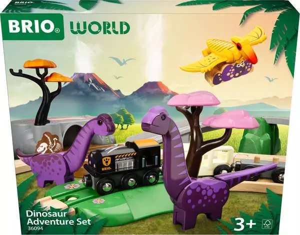 BRIO Dinosaur Adventure Set 36094 - Set Ferrovia in Legno a Tema Dinosauri per Bambini da 3 Anni, 21 Pezzi con Trenino e Accessori