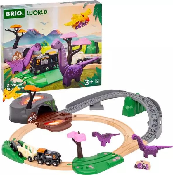 BRIO Dinosaur Adventure Set 36094 - Set Ferrovia in Legno a Tema Dinosauri per Bambini da 3 Anni, 21 Pezzi con Trenino e Accessori