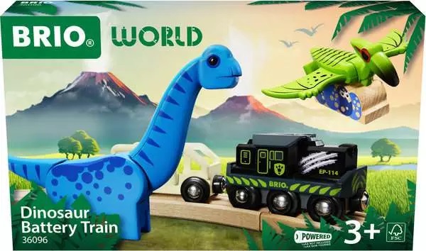 BRIO 36096 Trenino Alimentato a Batteria a Tema Dinosauri con Funzioni di Marcia Avanti e Indietro e Luce Anteriore - Giocattolo per Bambini dai 3 Anni in Su