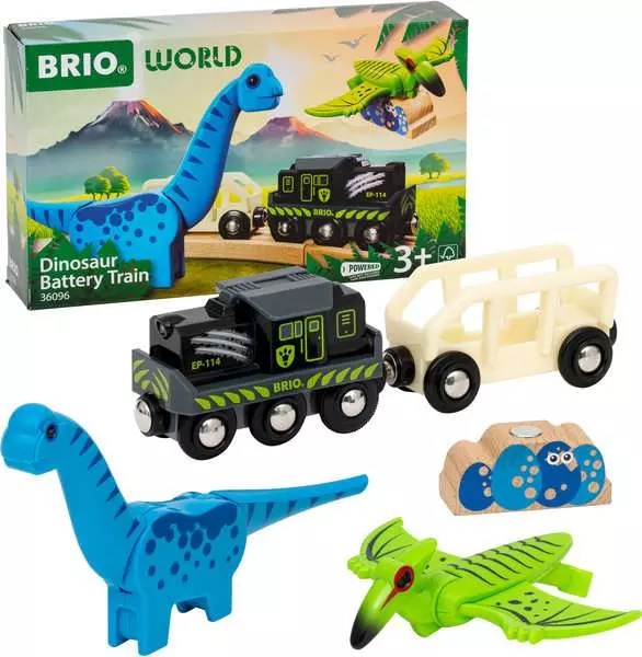 BRIO 36096 Trenino Alimentato a Batteria a Tema Dinosauri con Funzioni di Marcia Avanti e Indietro e Luce Anteriore - Giocattolo per Bambini dai 3 Anni in Su