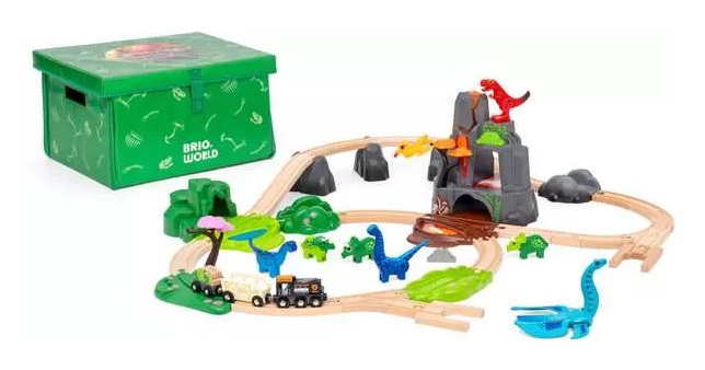 BRIO World - Set Deluxe Ferrovia a Tema Dinosauri con 44 Pezzi, Vulcano Eruptivo e Effetti Speciali, Giocattolo in Legno per Bambini da 3 Anni