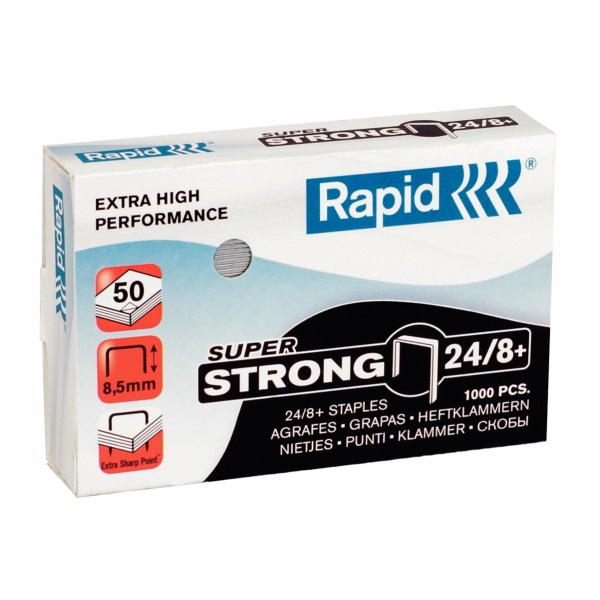 Rapid Punti Metallici Super Strong 24/8 - Filo in Acciaio Extra Strong, Capacità Fino a 50 Fogli, Altezza Punto 8,5 mm, Confezione da 1000 Punti