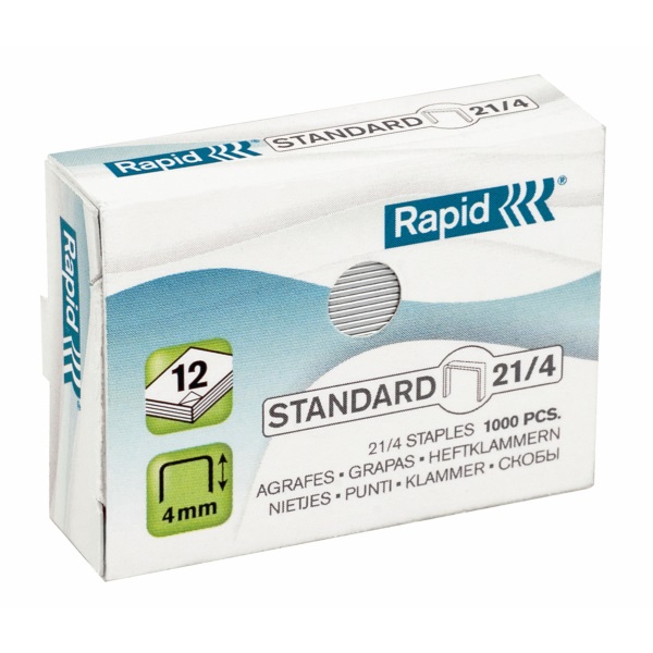 Rapid Punti metallici Standard 21/4 - 1000 punti, Filo morbido galvanizzato, Lunghezza gamba 4 mm, Cucitura fino a 12 fogli