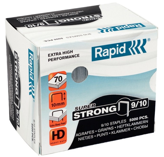 RAPID Punti metallici Super Strong 9/10 - 5000 punti, Lunghezza gamba 10 mm, Acciaio zincato, Capacità di cucitura da 40 a 70 fogli