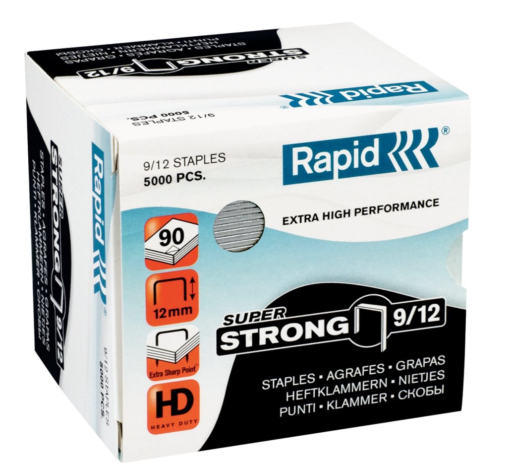 RAPID Punti metallici Super Strong 9/12 - Scatola da 5000 punti in acciaio zincato per cucitrici HD9, HD110, HD170 - Capacità di rilegatura da 60 a 90 fogli