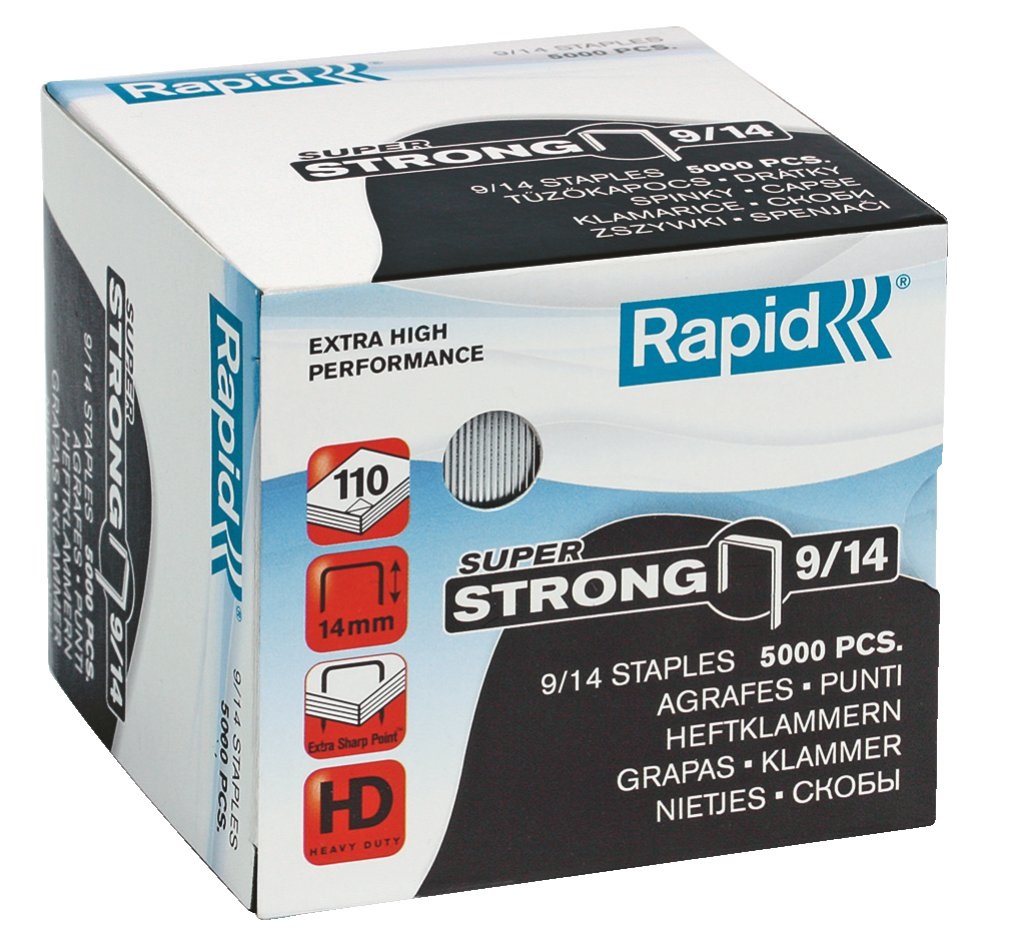RAPID Punti metallici Super Strong 9/14 - Scatola da 5000 punti in acciaio zincato per cucitrici HD9, capacità di rilegatura da 80 a 110 fogli