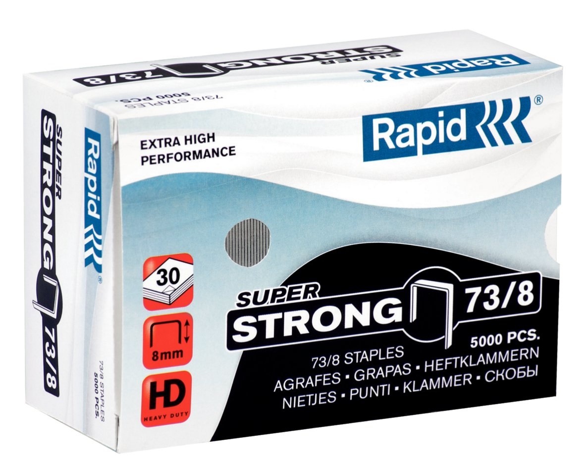 Rapid Punti metallici Super Strong 73/8 - Scatola da 5000 punti, Lunghezza gamba 8 mm, Capacità di rilegatura da 10 a 30 fogli