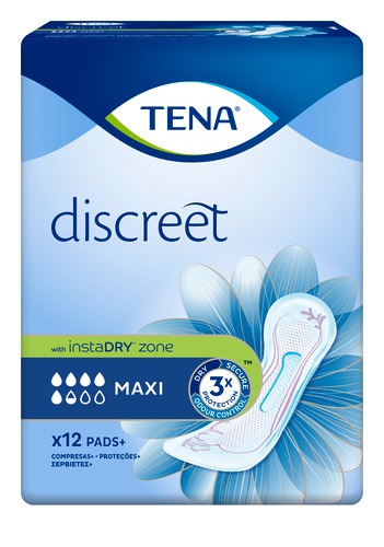TENA Discreet Maxi - Pannoloni Assorbenti per Perdite Urinarie Femminili, 12 Pezzi, Dispositivo Medico con TRIPLA PROTEZIONE e Tecnologia instaDRY