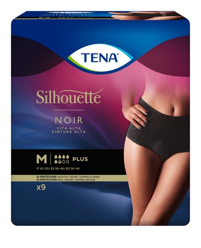 TENA Silhouette Noir Mutandine Assorbenti Vita Alta Taglia M 9 Pezzi - Protezione Discreta per Perdite Urinarie Moderate