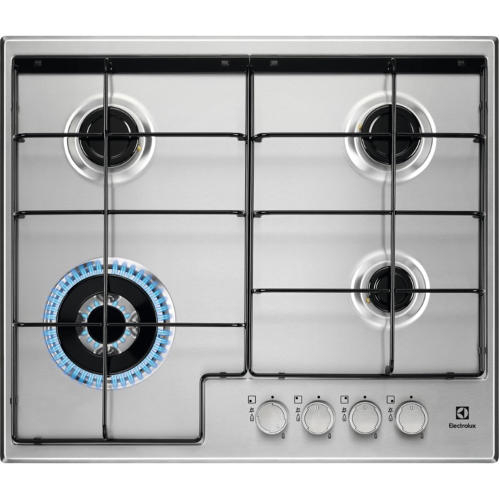 Electrolux EGS6434X Piano Cottura a Gas 4 Fuochi 60 cm Acciaio Inox con Bruciatore Wok e Sicurezza Sicurgas