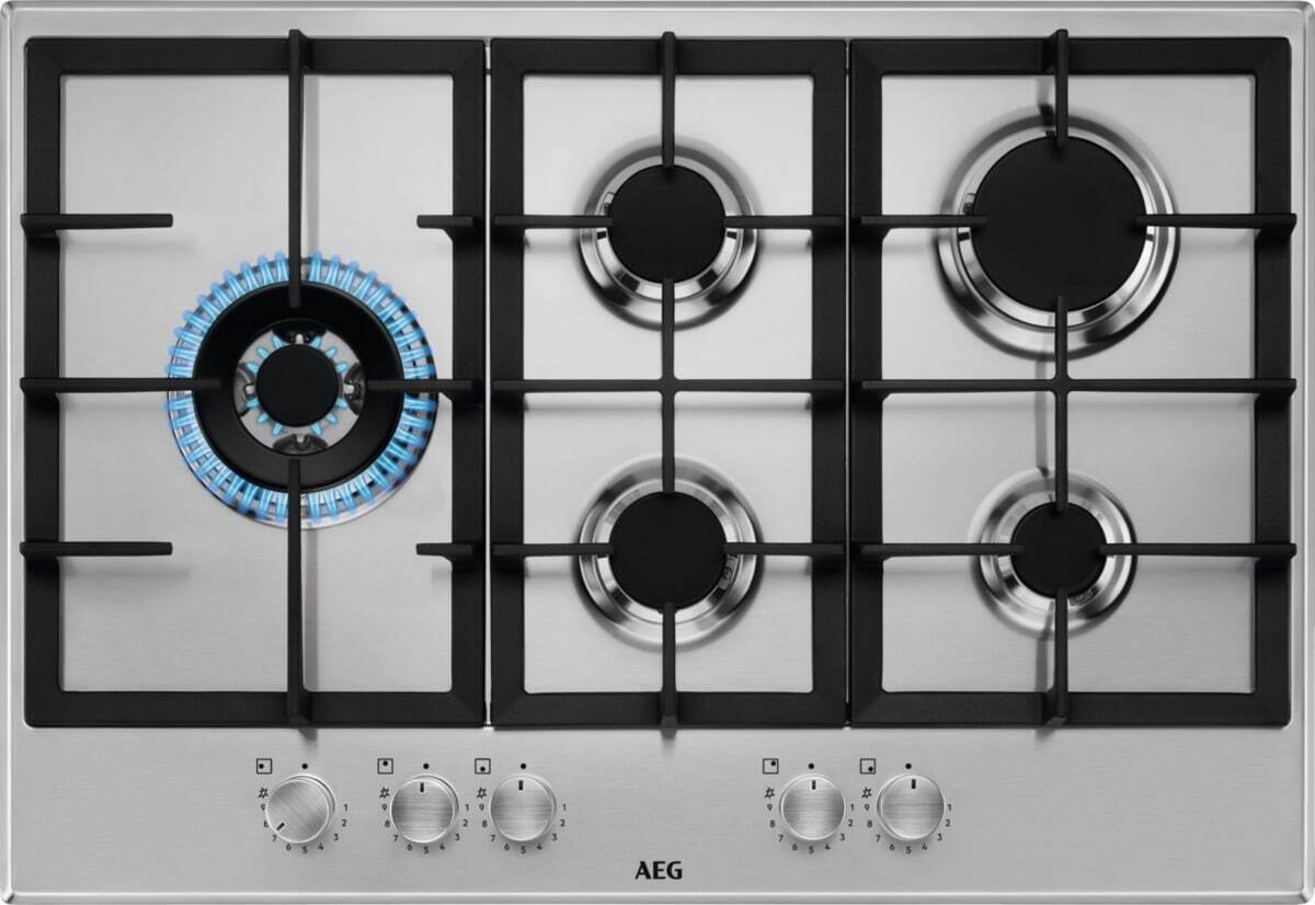 AEG HGB75520SM Piano Cottura a Gas Slim Profile 75 cm, 5 Fuochi, Acciaio Inox con Bruciatori Speed Burner e Manopole StepPower