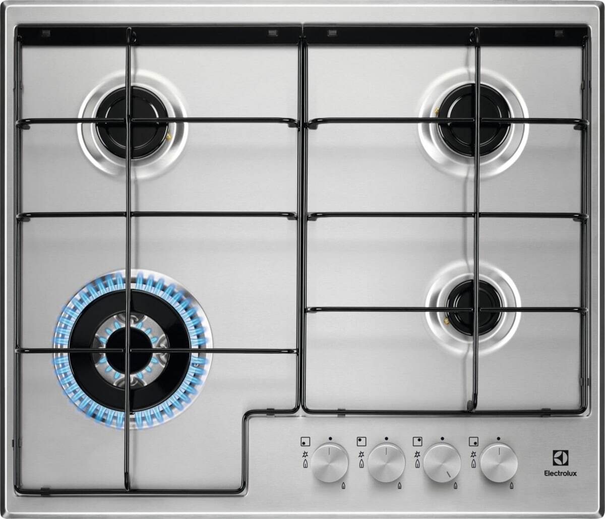 Electrolux EGS6434X Piano Cottura Gas 60 cm da Incasso con 4 Fuochi e Bruciatore Wok in Acciaio Inox