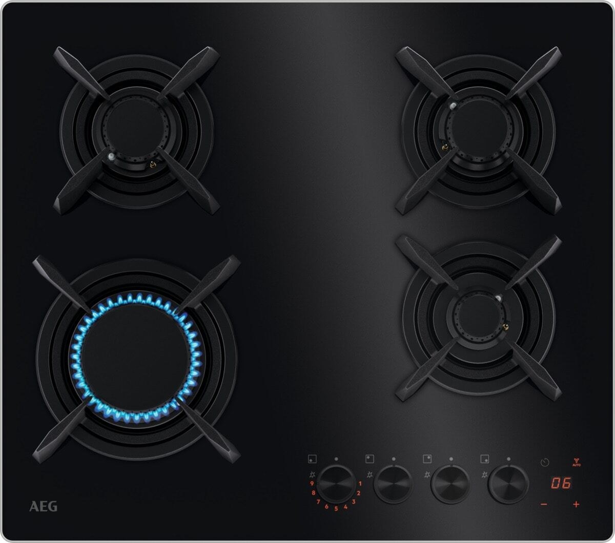 AEG HKB64453NB Piano Cottura da Incasso 60 cm Gas Vetro Nero 4 Fornelli FlameLight Hob2Hood