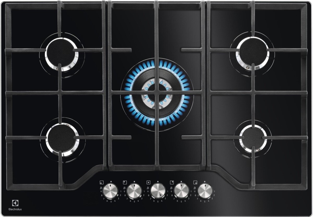 Electrolux KGG75362K Piano Cottura a Gas 74 cm, 5 Fuochi, Vetroceramica Nero, Serie 600