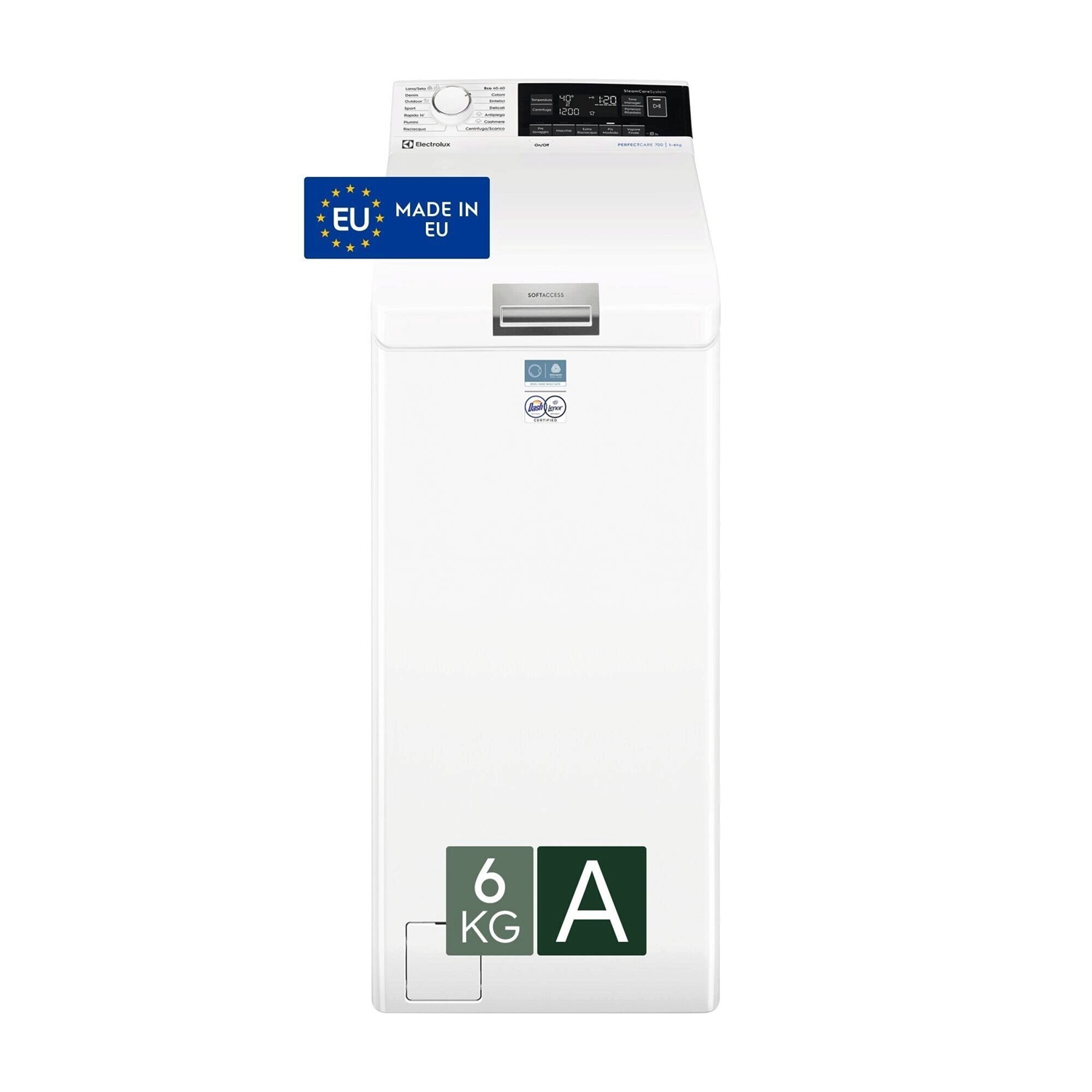 Electrolux EW7T336A Lavatrice a Carica Dall'alto 6 kg, Classe A, 1300 Giri, Tecnologia SteamCare e SensiCare, Display LED con Touch Control