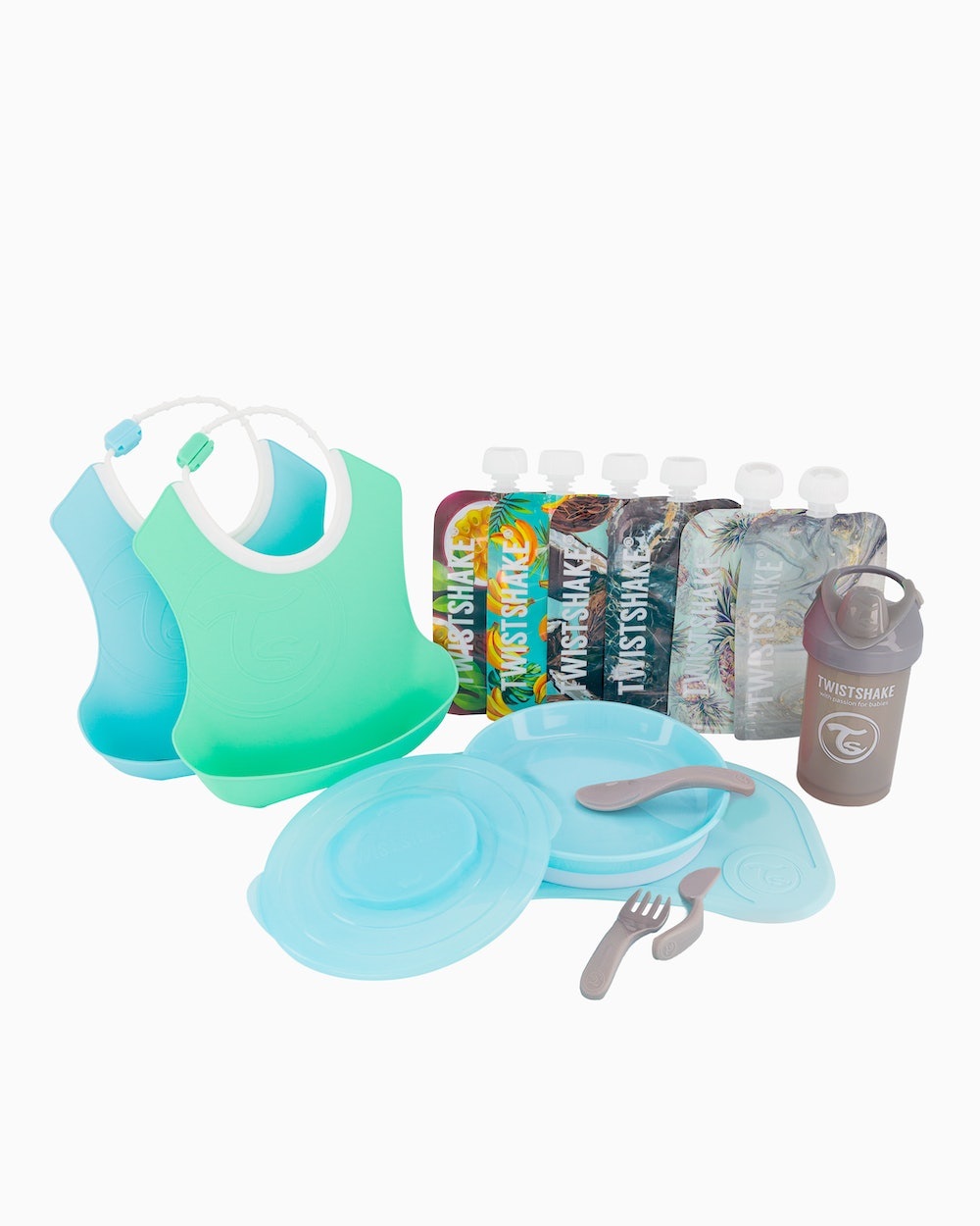 Twistshake Set di Stoviglie per Bambini - Include 2 Bavaglini, Bottiglia per Imparare a Bere e 6 Ciottoli, Senza BPA, Colore Blu/Verde