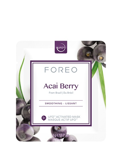 FOREO Maschera Viso UFO Acai Berry - 6 Maschere da 6 g, Levigante, Rimpolpante, Idratante, Bacche di Acai e Burro di Karité, Naturale e Cruelty Free