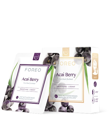 FOREO Maschera Viso UFO Acai Berry - 6 Maschere da 6 g, Levigante, Rimpolpante, Idratante, Bacche di Acai e Burro di Karité, Naturale e Cruelty Free