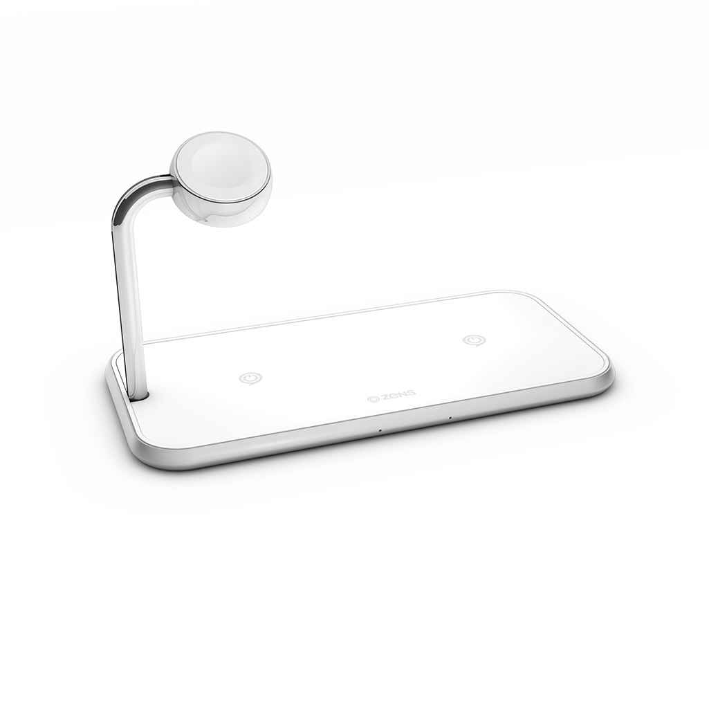 ZENS ZEDC05W Tappetino di Ricarica Wireless Qi Doppio per Cuffie, Smartphone e Orologio Intelligente - Bianco, Alluminio, 20W