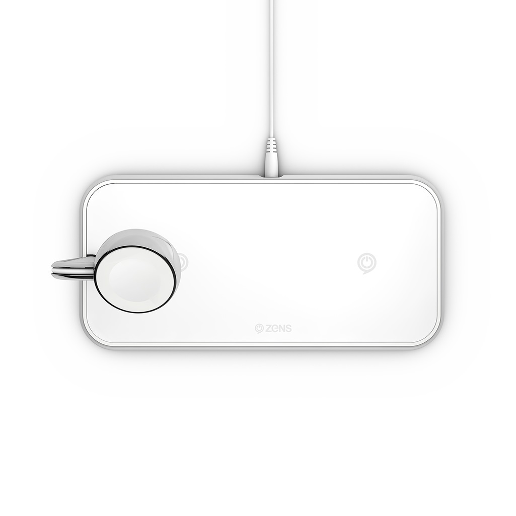 ZENS ZEDC05W Tappetino di Ricarica Wireless Qi Doppio per Cuffie, Smartphone e Orologio Intelligente - Bianco, Alluminio, 20W