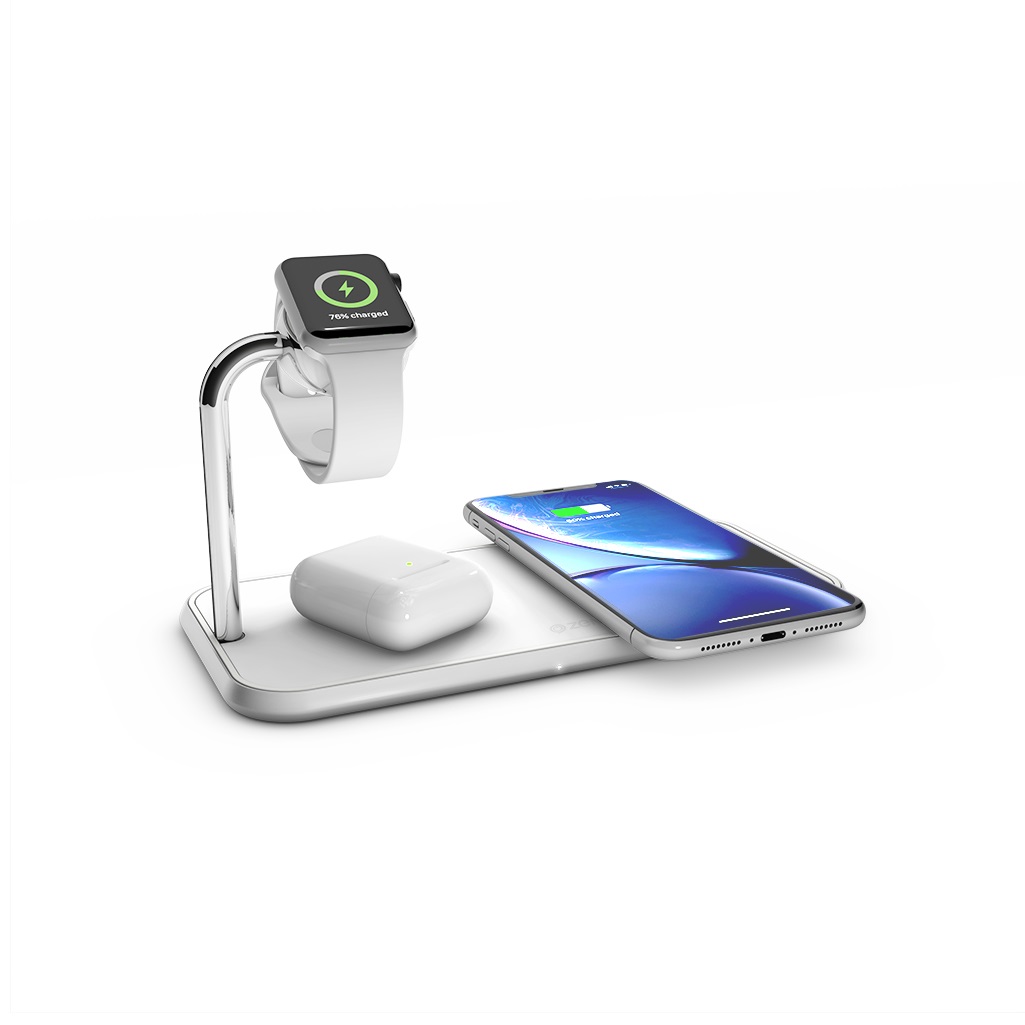 ZENS ZEDC05W Tappetino di Ricarica Wireless Qi Doppio per Cuffie, Smartphone e Orologio Intelligente - Bianco, Alluminio, 20W