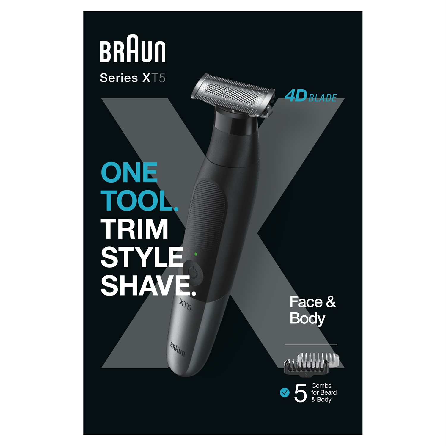 Braun Series X XT5100 Regolabarba Impermeabile con Lama 4D e Protezione SkinShield, Nero e Grigio, Ricaricabile, Durata Batteria 45 Minuti