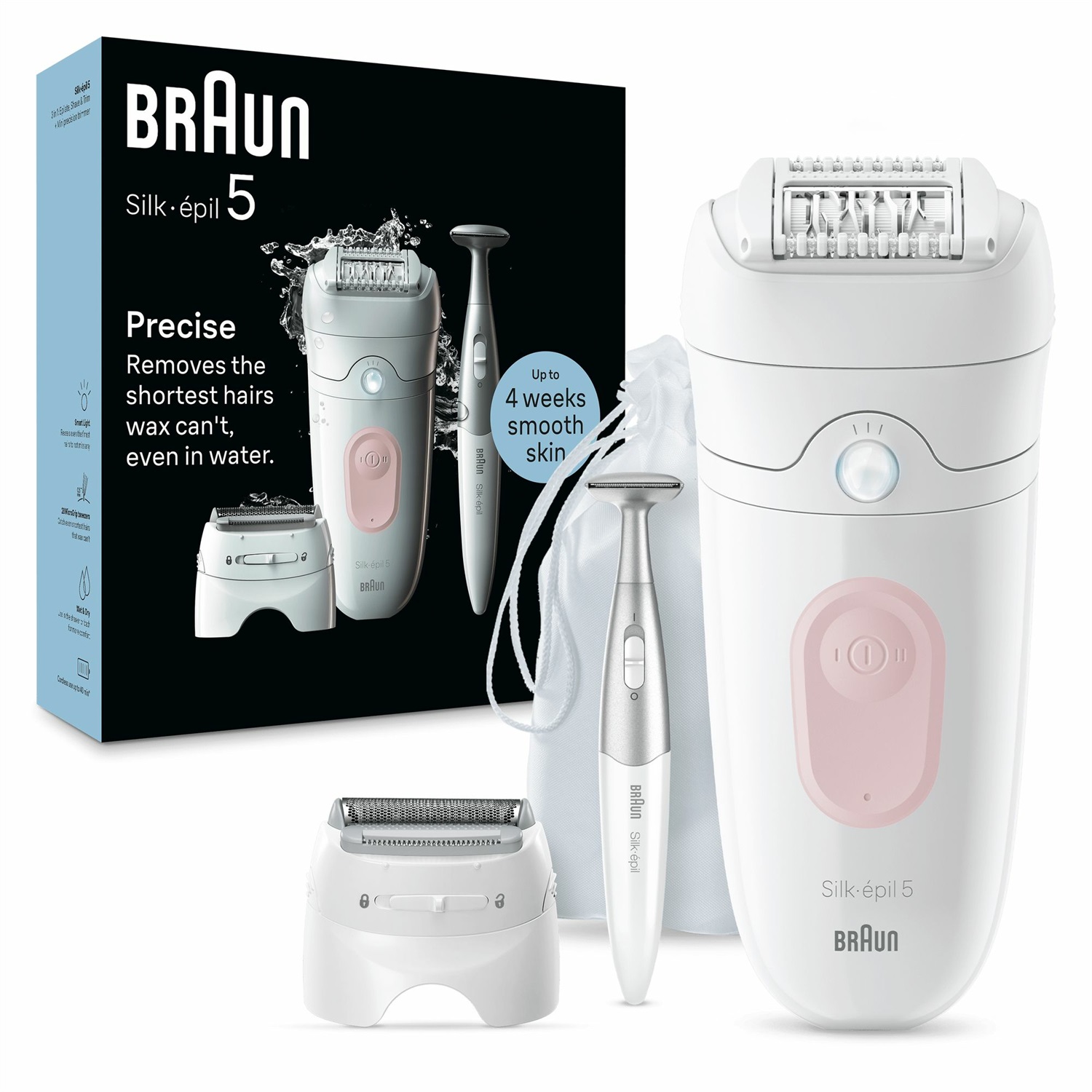 Braun Silk-épil 5 5-230, Epilatore Elettrico Donna Wet & Dry, 28 Pinzette MicroGrip, Rimuove Peli Corti, Pelle Liscia Fino a 4 Settimane, Con Testina Per Rasoio, Bianco/Rosa