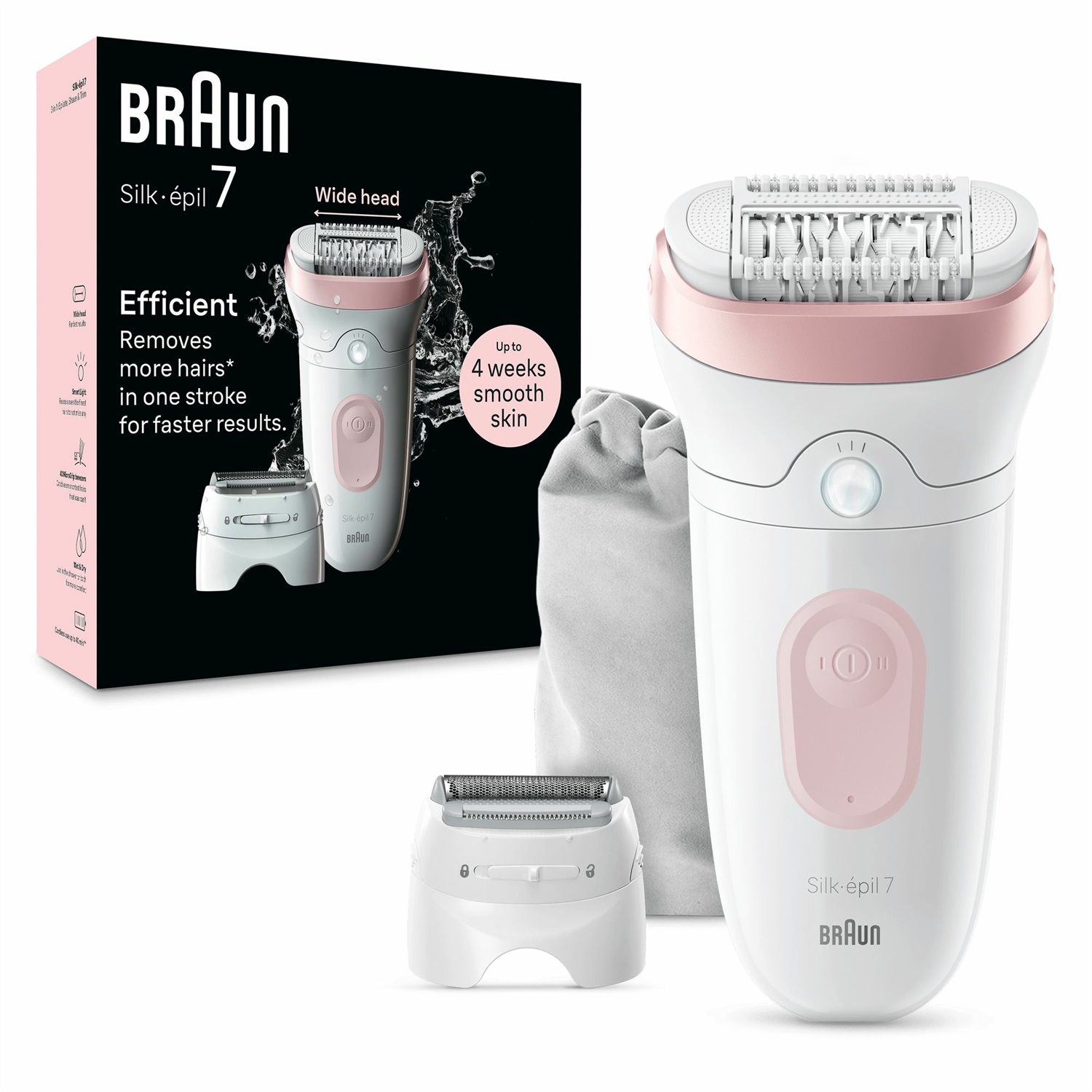 Braun Silk-épil 7 7-030, Epilatore Elettrico Donna Wet & Dry con Testina Ampia e Rasoio, Bianco/Rosa - Fino a 4 Settimane di Pelle Liscia