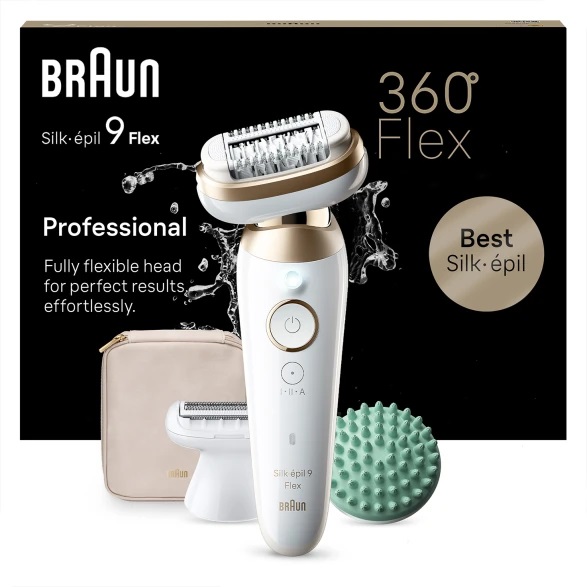 Braun Silk-épil 9 Flex 9-071 Epilatore Elettrico con 40 Pinzette MicroGrip, Testina Flessibile 360°, Wet & Dry, Rasoio e Accessori, Colore Oro/Bianco