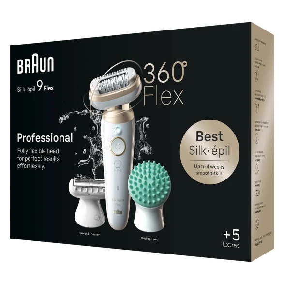 Braun Silk-épil 9 Flex 9-071 Epilatore Elettrico con 40 Pinzette MicroGrip, Testina Flessibile 360°, Wet & Dry, Rasoio e Accessori, Colore Oro/Bianco