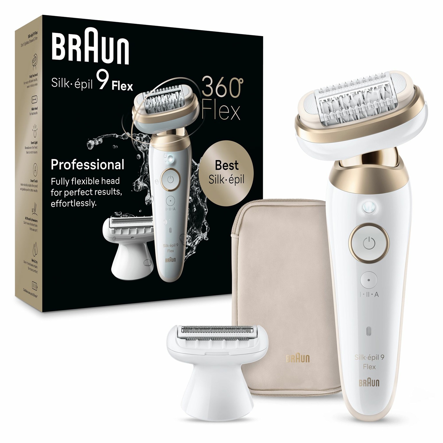 Braun Silk-épil 9 Flex 9-041 3D - Epilatore Elettrico Donna Wet & Dry con Testina Flessibile a 360° per Epilazione Semplice, Pelle Liscia a Lungo, Bianco/Oro