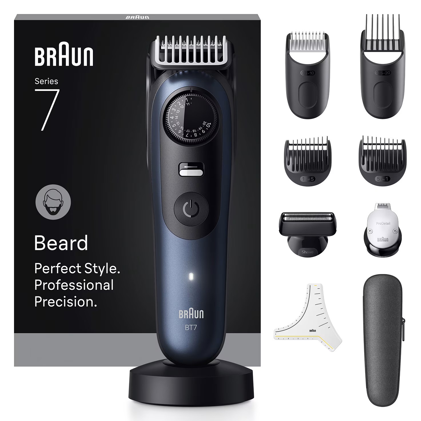 Braun BeardTrimmer 7 BT7540 - Regolabarba a Batteria Wet & Dry, Autonomia 120 min, Lunghezza Taglio 0,5-2 cm, Lavabile, Colore Nero/Blu