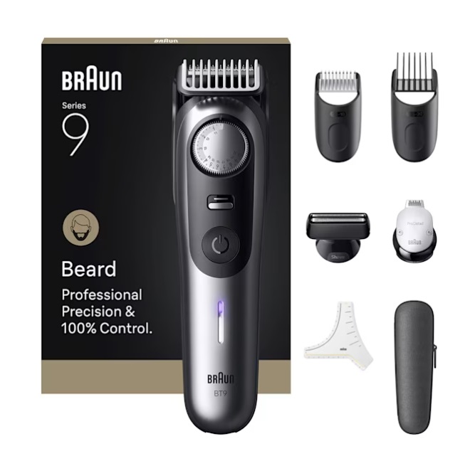 Braun BeardTrimmer 9 BT9520 Regolabarba Impermeabile con 52 Lunghezze, Batteria Ricaricabile, Autonomia 180 Minuti, Modalità PowerBoost, Nero e Grigio