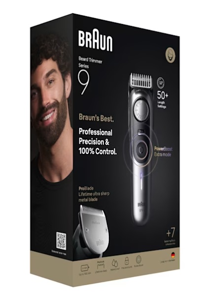 Braun BeardTrimmer 9 BT9520 Regolabarba Impermeabile con 52 Lunghezze, Batteria Ricaricabile, Autonomia 180 Minuti, Modalità PowerBoost, Nero e Grigio