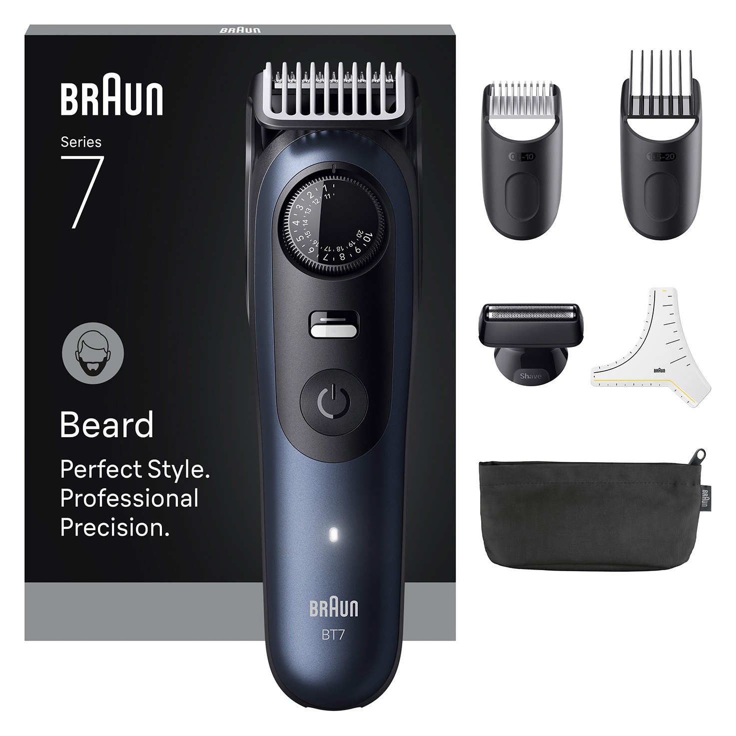 Braun BeardTrimmer 7 BT7520 - Regolabarba Ricaricabile con Lama ProBlade, 40 Impostazioni di Lunghezza, Impermeabile, Autonomia di 120 Minuti, Colore Nero e Blu
