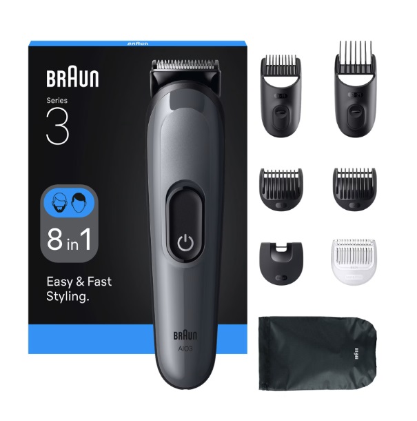 Braun AIO3540 Multigrooming Kit 8-in-1, Rifinitore All-in-One per Barba e Capelli, Lama Ultra Affilata, 14 Lunghezze, Autonomia 50 Minuti, Colore Nero e Grigio