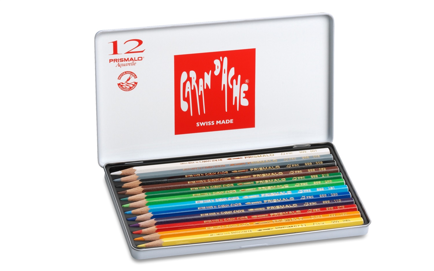 Caran d'Ache Prismalo Matite Colorate Acquerellabili - Scatola di Metallo 12 Colori Assortiti