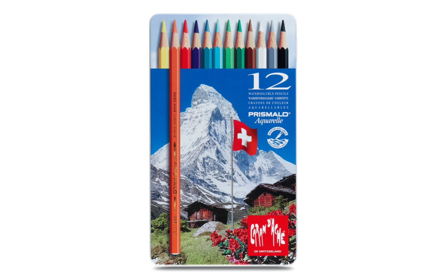 Caran d'Ache Prismalo Matite Colorate Acquerellabili - Scatola di Metallo 12 Colori Assortiti