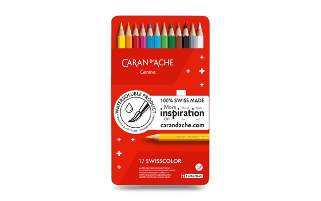 Caran D'Ache Swisscolor Matite Colorate Acquerellabili - Confezione da 12 in Scatola di Metallo, Mina Morbida da 2.8 mm, Legno di Cedro FSC®