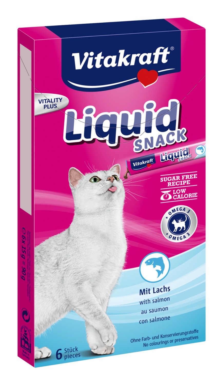 Vitakraft Liquid Snack Salmone con Omega 3 per Gatti - 90 g, Snack Cremoso da Leccare, Ipocalorico e Senza Coloranti