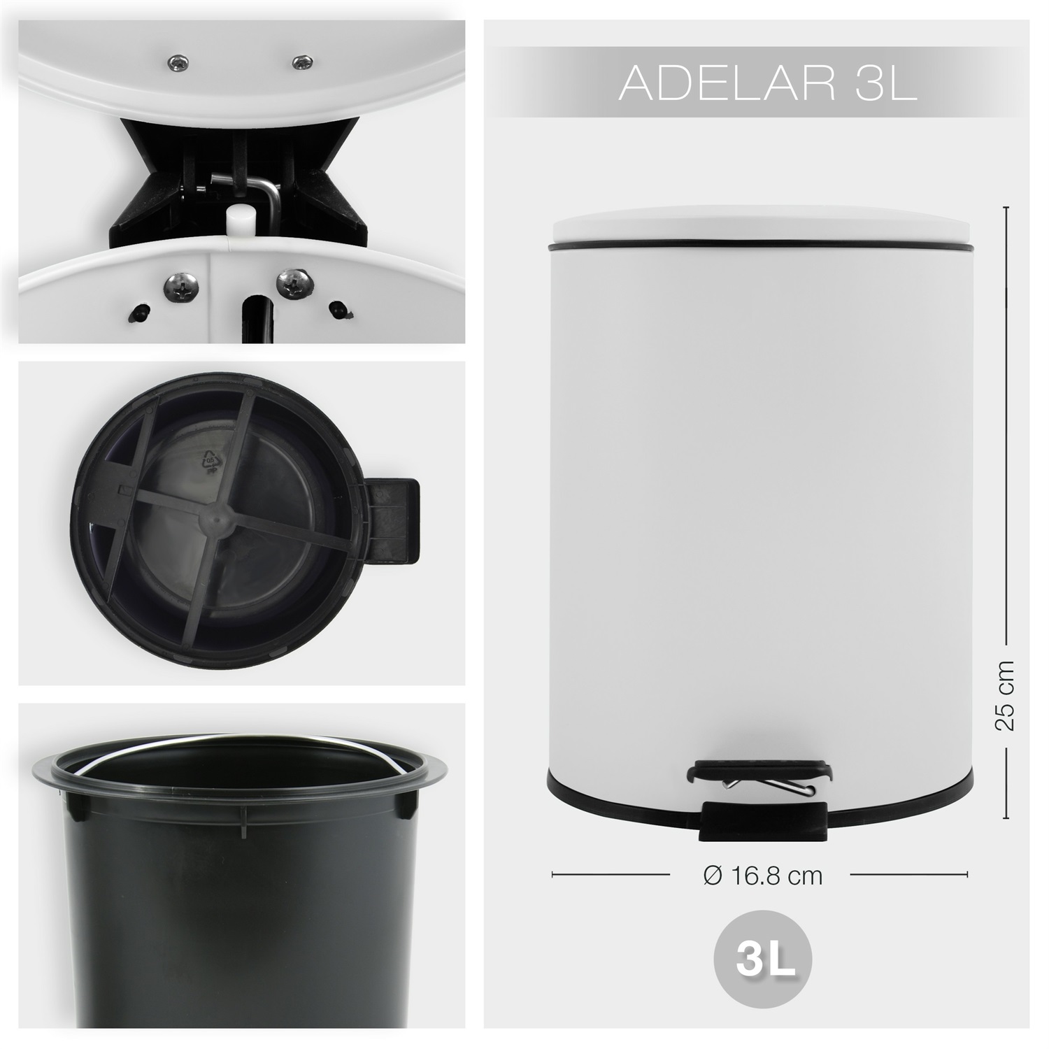 Spirella Cestino a Pedale Adelar 3L in Acciaio Inox con Chiusura Ammortizzata e Design Elegante